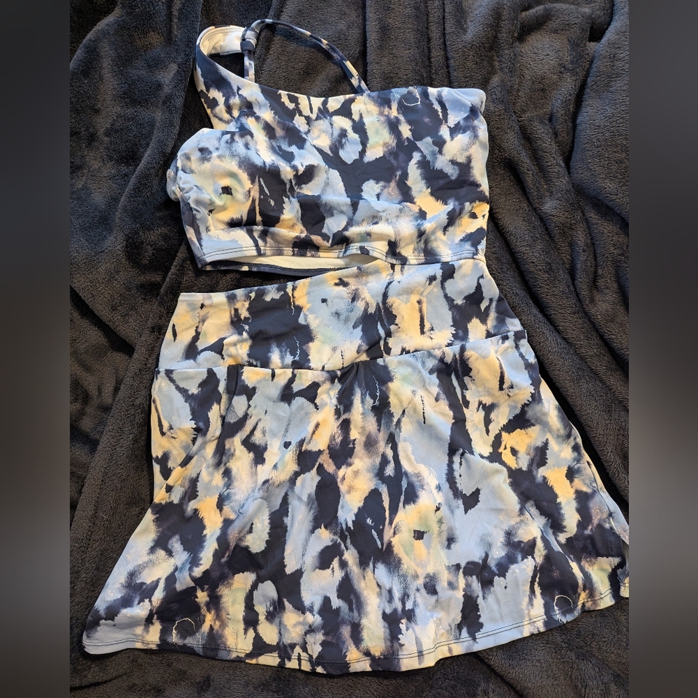 One-Shoulder Abstract Print Women’s One-Piece Swim Set - Blue/Black